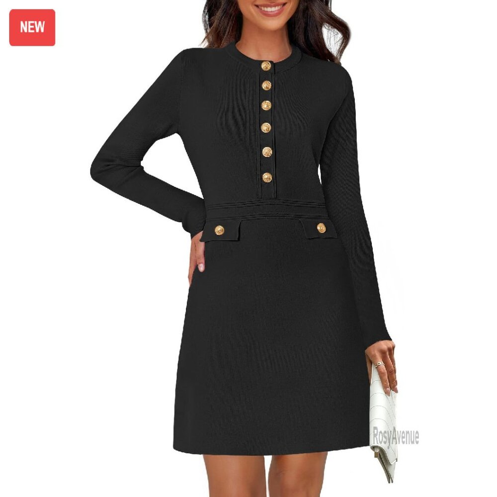 Long Sleeve Bodycon Sweater Dress Button Crew Neck Formal Mini